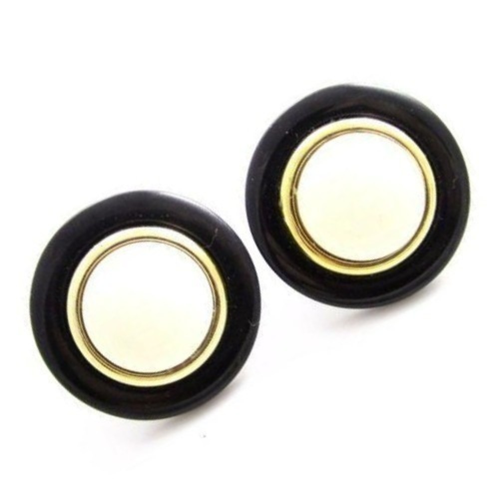 Vintage Medium Size Round Black, White, Gold Lucite Plastic Pierced Earrings 1"‎